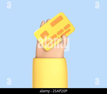 3D-Cartoon-Hand hält Debit- oder Kreditkarte. Konzept des kontaktlosen Zahlungsverkehrs oder Online-Shopping und Online-Banking. Vektor-3D-Illustration Stock Vektor