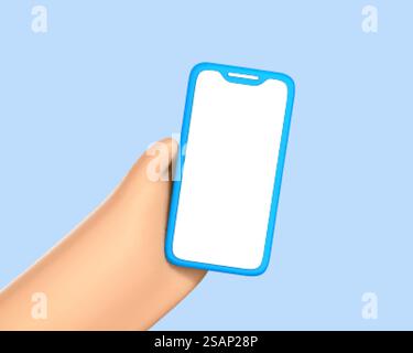 3D-Cartoon-Handheld-Smartphone mit leerem Bildschirm auf blauem Hintergrund. Menschliche Hand zeigt modernes Smartphone mit leerem Display. Vektor-3D-Illustration Stock Vektor