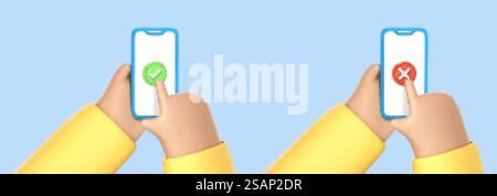 3D-Cartoon-Hände verwenden Smartphone mit Häkchen. Genehmigen und ablehnen auf dem Smartphone. Häkchen und Gegenkreuze. Symbole Häkchen und Kreuz auf dem Smartphone-Bildschirm. Vektor-3D-Illustration Stock Vektor