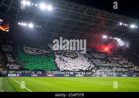 Budapest, Ungarn. 30. Januar 2025. BUDAPEST, UNGARN - JANUAR 30: Fans und Fans von Ferencváros machen TIFO beim Spiel der UEFA Europa League zwischen Ferencvaros und AZ Alkmaar im Ferencvaros Stadion am 30. Januar 2025 in Budapest. (Foto von Ed van de Pol/Orange Pictures) Credit: Orange Pics BV/Alamy Live News Stockfoto