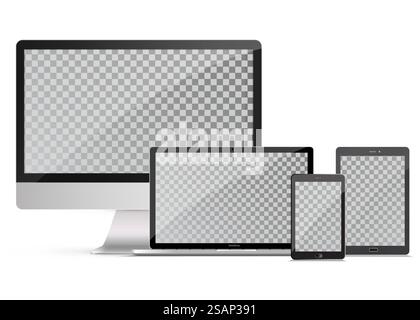 Elektronische Geräte, isoliert, auf weißem Hintergrund. Computermonitor, Laptop, Tablet und Mobiltelefon. Realistisches Vektormodell... Elektronische Geräte, isoliert, auf weißem Hintergrund. Stock Vektor
