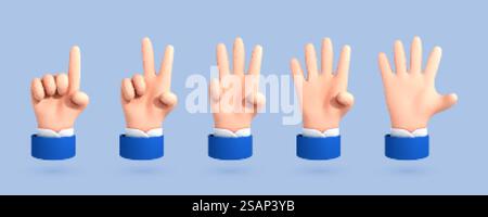 Vektor-Cartoon-Hände zeigen Finger, die von eins bis fünf zählen, isoliert auf blauem Hintergrund. 3D-Zeichentrickset mit Zählhänden. Handgestennummern. Stock Vektor