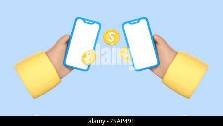 Zwei Cartoon-Hände, die Handys halten, um Geld zu überweisen. Geldtransfer auf Smartphones. Online-Zahlungskonzept. Mobile Geldbörse. Cashback und Banking. Vektor-3D-Illustration Stock Vektor