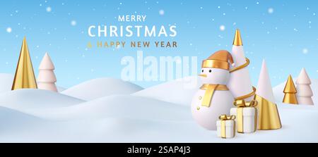 3D frohe Weihnachten und Neujahrshintergrund mit Schneelandschaft, Schneemänner, Geschenk- und Weihnachtsbäumen. Goldene und weiße Weihnachtsdekoration. 3D-Rendering. Vektorabbildung. 3D Merry Christmas Hintergrund Stock Vektor