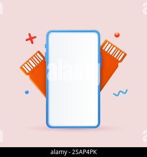 3D-Rendertelefon mit weißem Bildschirm und Coupons. Vorlage für Gutscheinkarten-Cashback. Vektorabbildung. 3D-Telefon mit weißem Bildschirm und Coupons Stock Vektor