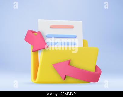 Ordner 3d Gelb mit Dateien und Pfeil. Dateiübertragungskonzept. Dateifreigabe oder -Versand von Dokumenten, Dokumentverwaltung, Datenspeicherung, Dateien kopieren, Datei verschieben. 3D-Rendering. Vektorabbildung. Ordner 3d Gelb mit Dateien und Pfeil. Stock Vektor
