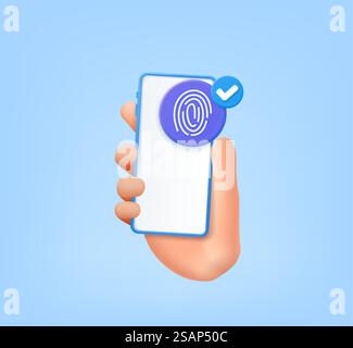 3D elektronischer Fingerabdruck beim Scannen des Mobiltelefons, Sicherheitskontrolle in der Hand Symbol. Fingerdigitales Sicherheitskonzept. 3D-Rendering. Vektorabbildung. Elektronischer Fingerabdruck beim Scannen des Mobiltelefons Stock Vektor