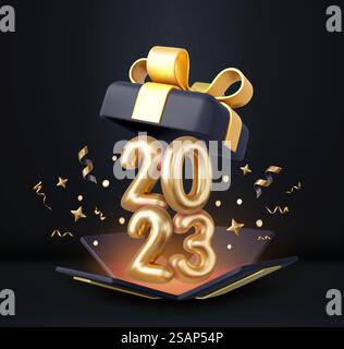 3D Happy New Year 2023. Öffnen Sie die Geschenkbox mit dem Nummernschild 2023. Frohe Weihnachten Hintergrund. Weihnachtsgeschenk. 3D-Rendering. Vektorabbildung. 3D Happy New Year 2023. Stock Vektor