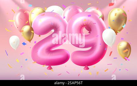 Happy Birthday Years Jubiläum der Person Geburtstag, Ballon in Form von Zahlen neunundzwanzig des Jahres. Vektor. Happy Birthday Years Jubiläum der Person Geburtstag, Ballon in Form von Zahlen neunundzwanzig des Jahres. Vektorabbildung Stock Vektor