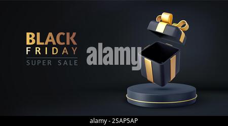 3D leere offene schwarze Geschenkbox mit goldenen Bändern mit Podesten Ausstellungsständer Mockup-Produkt. Black Friday Verkaufshintergrund. Silvester- und Weihnachtsdesign. 3D-Rendering. Vektorabbildung. 3D leere offene schwarze Geschenkbox Stock Vektor