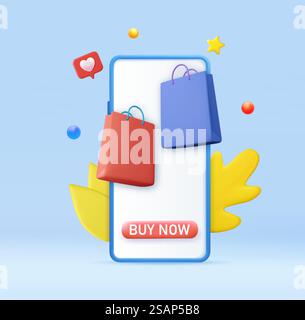 3D Online-Shopping nach Anwendungs- und Website-Konzept. Mobiltelefon mit Shopping-App. 3D-Rendering. Vektorabbildung. 3D Online-Shopping Stock Vektor