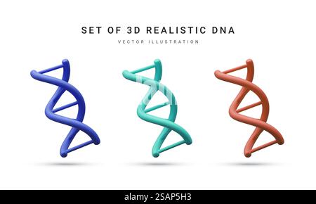 Satz von 3D realistische medizinische spiralförmige genetische dna für Molekularchemie, Physik Wissenschaft, Biochemie im Cartoon-Stil isoliert in weißem Hintergrund. Vektorabbildung. Stock Vektor