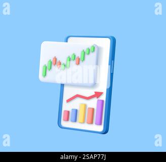 3D-Kerzenstab-Diagramm für Online-Börsenhandel mit Mobiltelefon. Börse für den Investmenthandel. 3D-Rendering. Vektorabbildung. 3D Kerzenstab Diagramm der Online-Aktien Stock Vektor