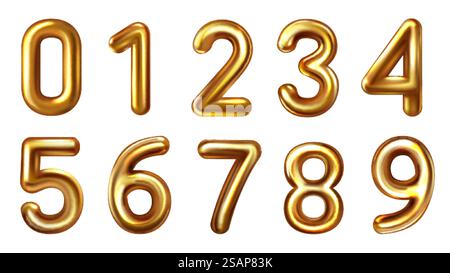Set mit goldenen 3D-Zahlen auf weißem Hintergrund. Designelement für Verkaufsbanner, Rabatte oder Bankkarte. Goldene Folienballons Zahlensatz. Set mit goldenen 3D-Zahlen auf weißem Hintergrund Stock Vektor