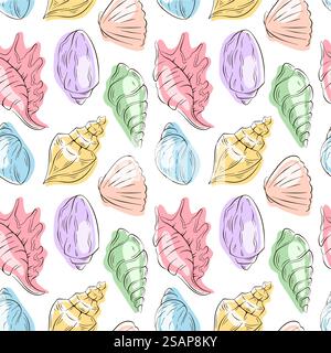 Nahtloses Muschelmuster mit flachen Muscheln. Handgezeichnetes Sommermeer-Design für Textil, Verpackung, Karte, Hintergrund. Stock Vektor