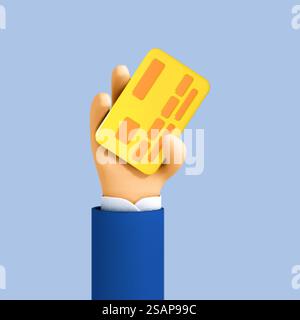 3D-Cartoon-Hand eines Geschäftsmannes hält Debit- oder Kreditkarte. Konzept des kontaktlosen Zahlungsverkehrs oder Online-Shopping und Online-Banking. Vektor-3D-Illustration. Stock Vektor