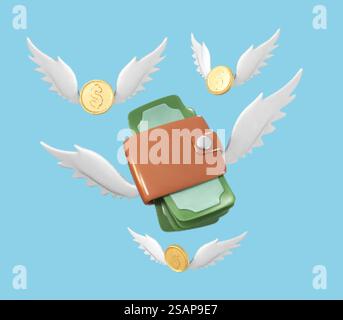 3D Geldbörse und Münzen mit Flügeln. Konzept von Geschäft, Online-Shop, Finanzen, Banking. Verlorenes Geld. Kostensparendes Konzept. Vektor-3D-Illustration Stock Vektor