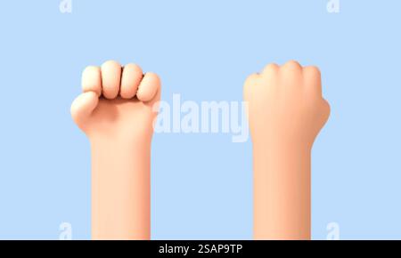3D-Cartoon-Handfäuste, isoliert auf blauem Hintergrund. Revolution und Protestkonzept. Symbol „Stärke“. Vektor-3D-Illustration. Stock Vektor