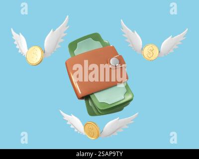 3D Geldbörse und Münzen mit Flügeln. Konzept von Geschäft, Online-Shop, Finanzen, Banking. Verlorenes Geld. Kostensparendes Konzept. Vektor-3D-Illustration Stock Vektor