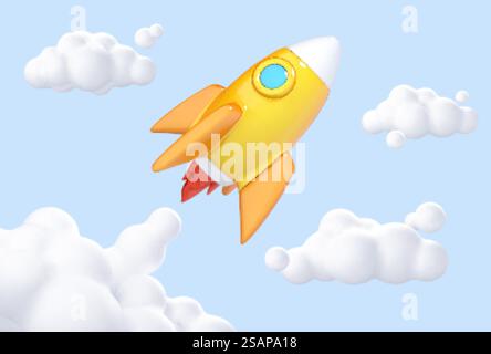 3D-Rakete startet. Wolken und Rauch einer Rakete, die abhebt. Unternehmensgründungskonzept. Vektor-3D-Illustration Stock Vektor