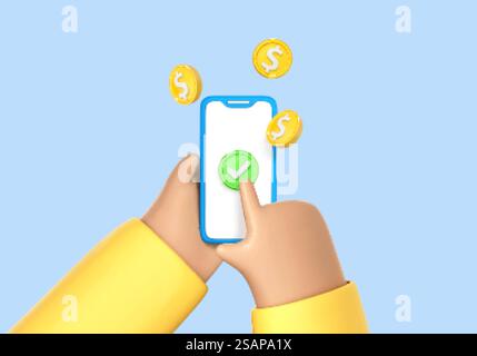 3D-Cartoon-Handheld-Smartphone mit fliegendem Dollar. Online-Zahlungskonzept. Mobile Wallet-Anwendung. Banking-App. Geld per Smartphone überweisen. Vektor-3D-Illustration Stock Vektor