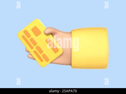 3D-Cartoon-Hand hält Debit- oder Kreditkarte. Konzept des kontaktlosen Zahlungsverkehrs oder Online-Shopping und Online-Banking. Vektor-3D-Illustration Stock Vektor