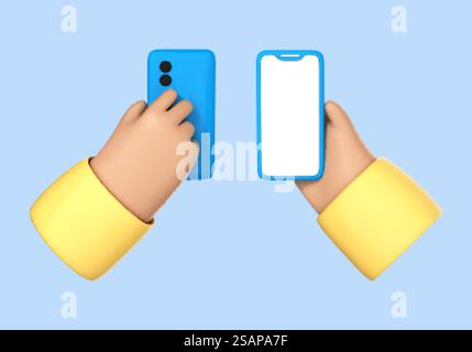 3D-Cartoon-Handheld-Smartphone isoliert auf blauem Hintergrund. Menschliche Hand hält modernes Smartphone. Vektor-3D-Illustration Stock Vektor