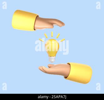 3D-Cartoon-Hände mit Glühbirne isoliert auf blauem Hintergrund. Denken, gute Idee und Geschäftserfolg kreatives Konzept. Vektor-3D-Illustration Stock Vektor