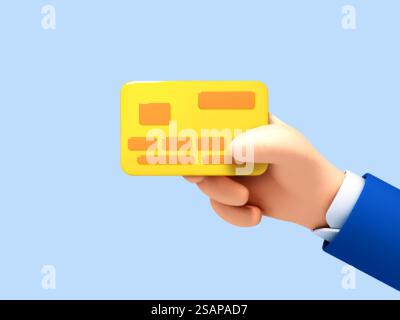 3D-Cartoon-Hand eines Geschäftsmannes hält Debit- oder Kreditkarte. Konzept des kontaktlosen Zahlungsverkehrs oder Online-Shopping und Online-Banking. Vektor-3D-Illustration Stock Vektor