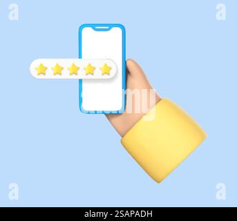 3D-Zeichentrickhandhaltung mit fünf Sternen auf dem Smartphone. Telefonieren Sie mit Kundenfeedback. Positive Benutzerbewertung, Bewertung, Online-Bewertung. Vektor-3D-Illustration Stock Vektor