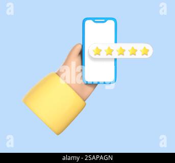 3D-Zeichentrickhandhaltung mit fünf Sternen auf dem Smartphone. Telefonieren Sie mit Kundenfeedback. Positive Benutzerbewertung, Bewertung, Online-Bewertung. Vektor-3D-Illustration Stock Vektor
