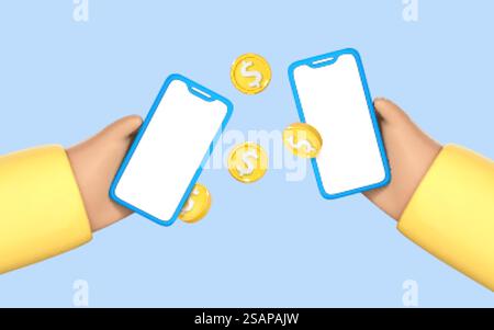 3D-Cartoon-Hände, die Smartphones mit Münzen halten. Geldtransfer auf Smartphones. Online-Zahlungskonzept. Mobile Geldbörse. Cashback und Banking. Vektor-3D-Illustration Stock Vektor