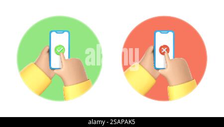 3D-Cartoon-Hände, die Smartphones mit Häkchen halten. Genehmigen und ablehnen auf dem Smartphone. Häkchen und Gegenkreuze. Symbole Häkchen und Kreuz auf dem Smartphone-Bildschirm. Vektor-3D-Illustration Stock Vektor