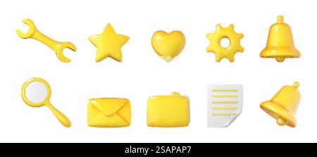 3D-Symbole für soziale Medien, Symbole für Online-Kommunikation. Stern, Glocke, Herz, Post, Lupe, Schraubenschlüssel, Ordner, Zahnrad, Dokumentsymbol. Elemente für Netzwerkstandorte, Anwendungen Stock Vektor