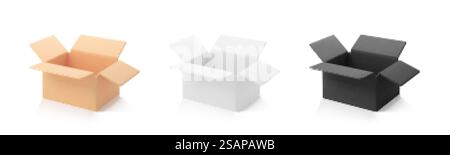 Papppaketkarton für den Versand. 3D-Cartoon-Aufbewahrungsbehälter aus weißem, schwarzem und braunem Papier. Realistisches Blanko-Lieferpaket für den Kurierdienst. Vektor-3D-Illustration Stock Vektor
