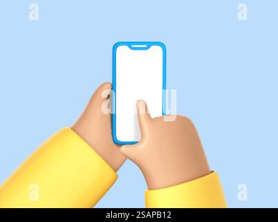 3D-Zeichentrick menschliche Hände mit Smartphone mit leerem Bildschirm isoliert auf blauem Hintergrund. Leeres Display des Smartphones mit dem Finger berühren. Vektor-3D-Illustration Stock Vektor