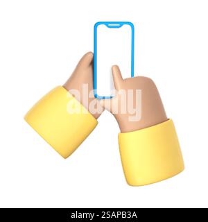 3D-Zeichentrick menschliche Hände mit Smartphone mit leerem Bildschirm isoliert auf weißem Hintergrund. Leeres Display des Smartphones mit dem Finger berühren. Vektor-3D-Illustration Stock Vektor