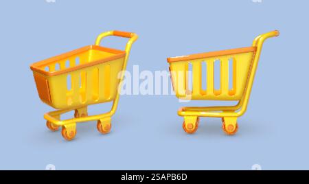 3D-Cartoon-Einkaufswagen isoliert auf blauem Hintergrund. Vektor-3D-Illustration Stock Vektor