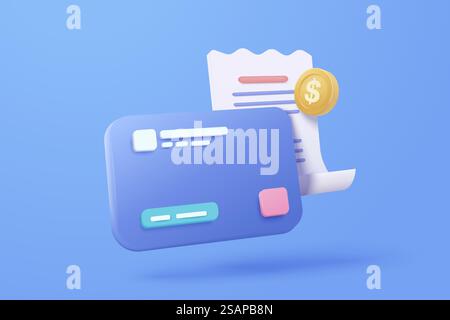 3D-Rechnungszahlung mit Kreditkarte und Finanzen für Online-Shopping, Zahlung mit Kreditkarte mit Warnbenachrichtigung. Rechnungstransaktion mit Geldmünze. Darstellung des Symbols für das 3D-Empfangsvektor Stock Vektor