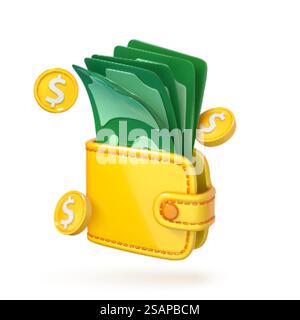 3D-Cartoon-Geldbörse mit Dollarscheine und -Münzen. Bargeld im Geldbeutel. Geld sparendes Konzept. Finanzielle Investitionen der Unternehmen. Online-Zahlung und Cashback. Vektor-3D-Illustration Stock Vektor