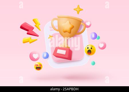 3D-Gewinnerpreis mit goldenem Pokal, goldene Gewinnersterne für die Belohnungszeremonie. Preisverleihung erstes und zweites und drittes Konzept auf dem Podium. 3D-Trophäensymbol-Vektor-Rendering isoliert auf Pastellhintergrund Stock Vektor