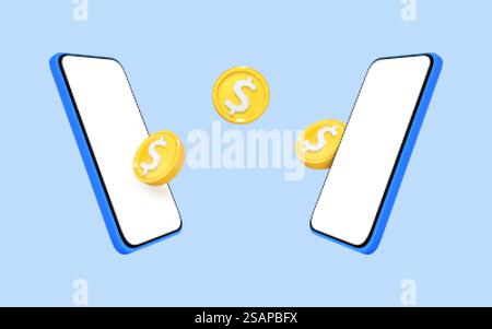 3D-Mobiltelefone mit Münzen auf blauem Hintergrund. Geldtransfer auf Smartphones. Online-Zahlungskonzept. Mobile Geldbörse. Cashback und Banking. Vektor-3D-Illustration. Stock Vektor