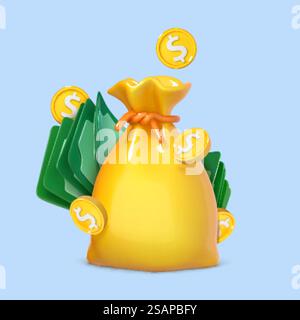 Geldbeutel mit Dollarscheine und Münzen isoliert auf blauem Hintergrund. Online-Zahlung. Geschäfts- und Finanzkonzept. Vektor-3D-Illustration Stock Vektor