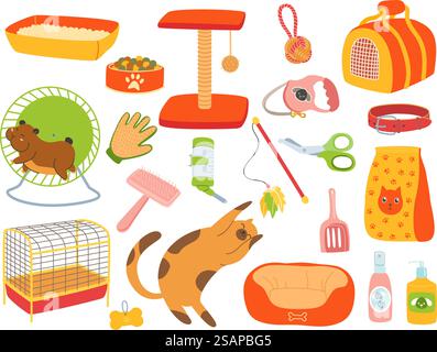 Zubehör für Haustiere. Haustierpflegewerkzeuge. Tierheim. Vogelkäfige. Weiche Betten und Träger für Katzen. Kratzstift. Hamster im Rad. Hündchenspielzeug. Futter für Hunde im Futtermittel. Vektor-Veterinärartikel-Set. Zubehör für Haustiere. Haustierpflegewerkzeuge. Tierheim. Vogelkäfige. Betten und Träger für Katzen. Kratzstift. Hamster im Rad. Hündchenspielzeug. Hundefutter. Vektor-Veterinärartikel-Set Stock Vektor