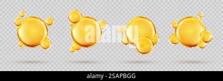 Ein Set goldener Tropfen von Omega drei, sechs und neun. Mehrfach ungesättigte Fettsäuren Omega-3, Omega-6, Omega-9. Natürliches Fischöl, organisches Vitamin, Nährstoffe. Omega-Fettsäuren. Vektorrealistische Kapseln Stock Vektor