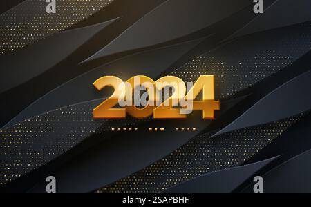 Happy New 2024 Year. Vektor-Feiertagsillustration. Goldene 2024-Zahlen auf schwarzem Hintergrund, strukturiert mit glitzernden Glitzern. Banner für festliche Veranstaltungen. Modernes Design der Abdeckung. Happy New 2024 Year. Vektor-Feiertagsillustration. Stock Vektor