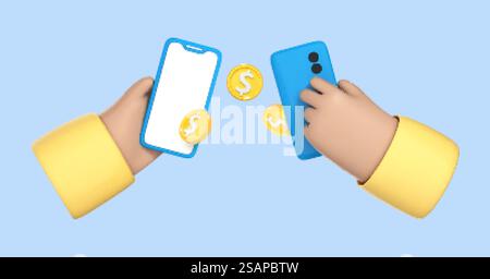 Zwei Cartoon-Hände, die Handys halten, um Geld zu überweisen. Geldtransfer auf Smartphones. Online-Zahlungskonzept. Mobile Geldbörse. Cashback und Banking. Vektor-3D-Illustration Stock Vektor