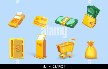Satz von 3D-Zeichentricksymbolen des Geldthemas isoliert auf blauem Hintergrund. Vektor-3D-Illustration Stock Vektor