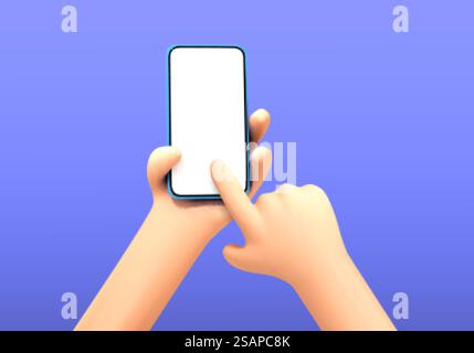 Vektor Cartoon Hand halten und berühren Telefon Mockup Vorlage. Cartoon-Hände mit Smartphone, scrollen oder nach etwas suchen. Cartoon Hand hält Smartphone isoliert auf blauem Hintergrund. Stock Vektor