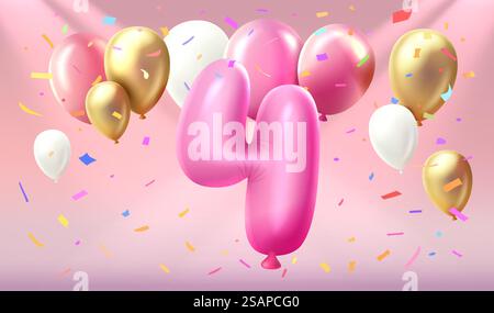 Happy Birthday Years Jubiläum der Person Geburtstag, Ballon in Form von Zahlen vier des Jahres. Vektor. Happy Birthday Years Jubiläum der Person Geburtstag, Ballon in Form von Zahlen vier des Jahres. Vektorabbildung Stock Vektor